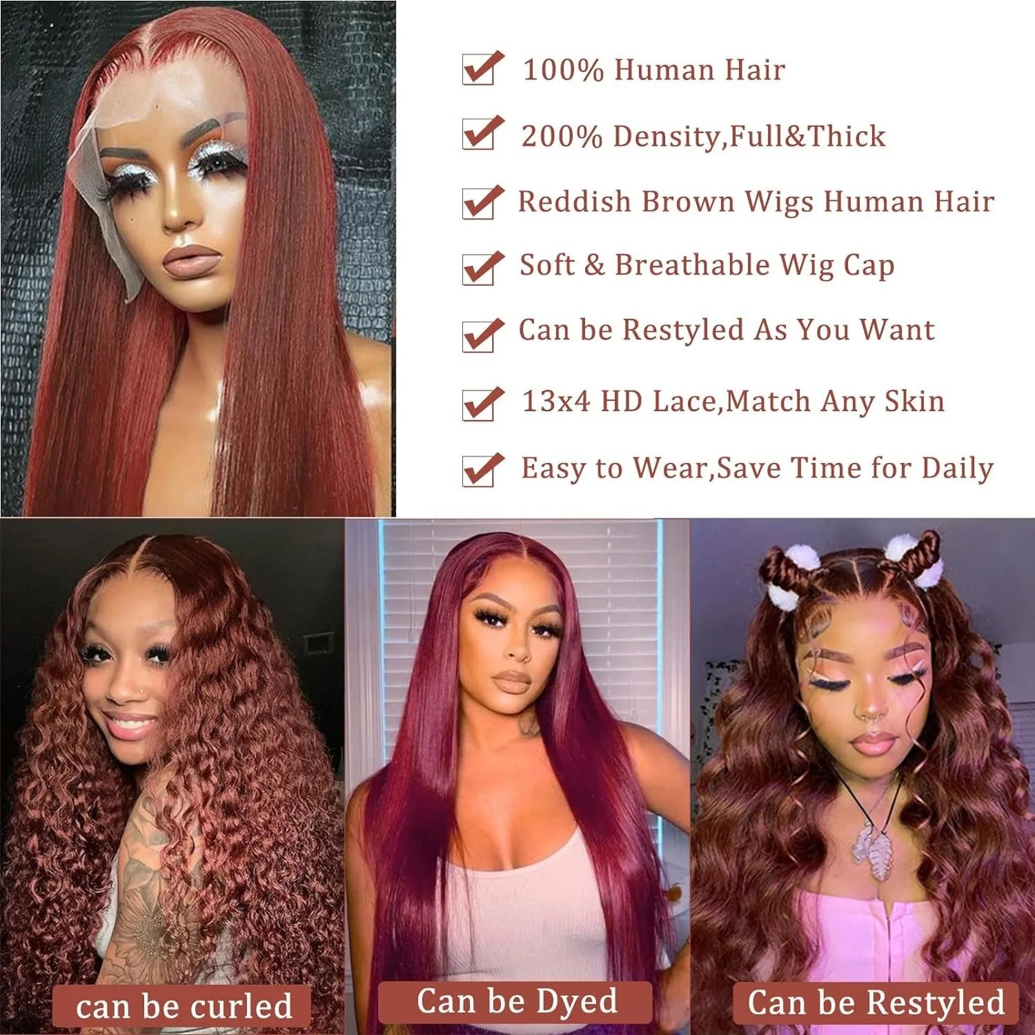 Reddish Brown Ultra-thin Invisible Lace Front Wigs Human Hair Upgraded Tiny Knot 13x4 Straight Frontal Human Hair Wig For Women
