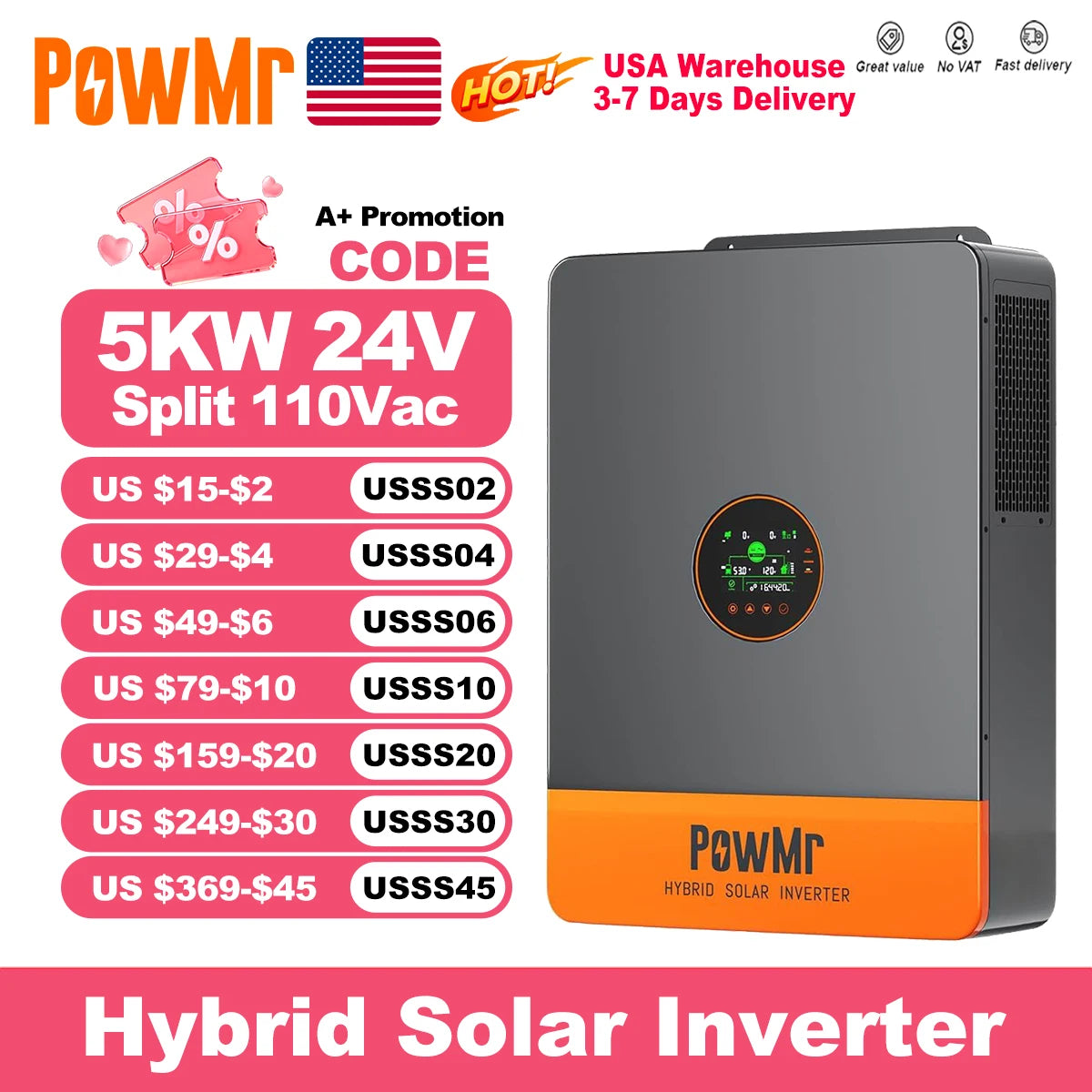 PowMr USA 5000W 48V Hybrid Solar Inverters 110Vac Can Split Phase 220Vac Output When Parallel Pure Sine Wave MPPT 100A PV 500Vdc