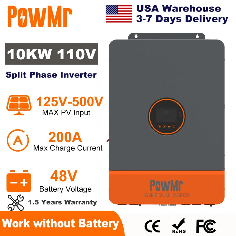 PowMr 10KW Split Phase Inverter 48V 110V 220V Hybrid Solar Inverter Dual MPPT Dual Output Off Grid with MPPT 200A Solar Charger