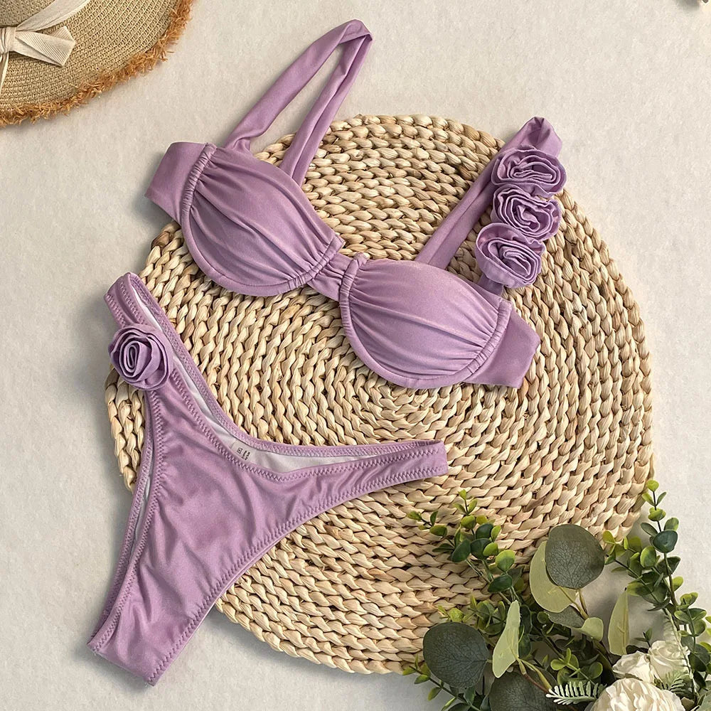 Style Flower Bikinis Women's 2 Piece 3D Rose Bikini Set High Cut Cheeky Swimsuit Floral Appliques Bathing Suit