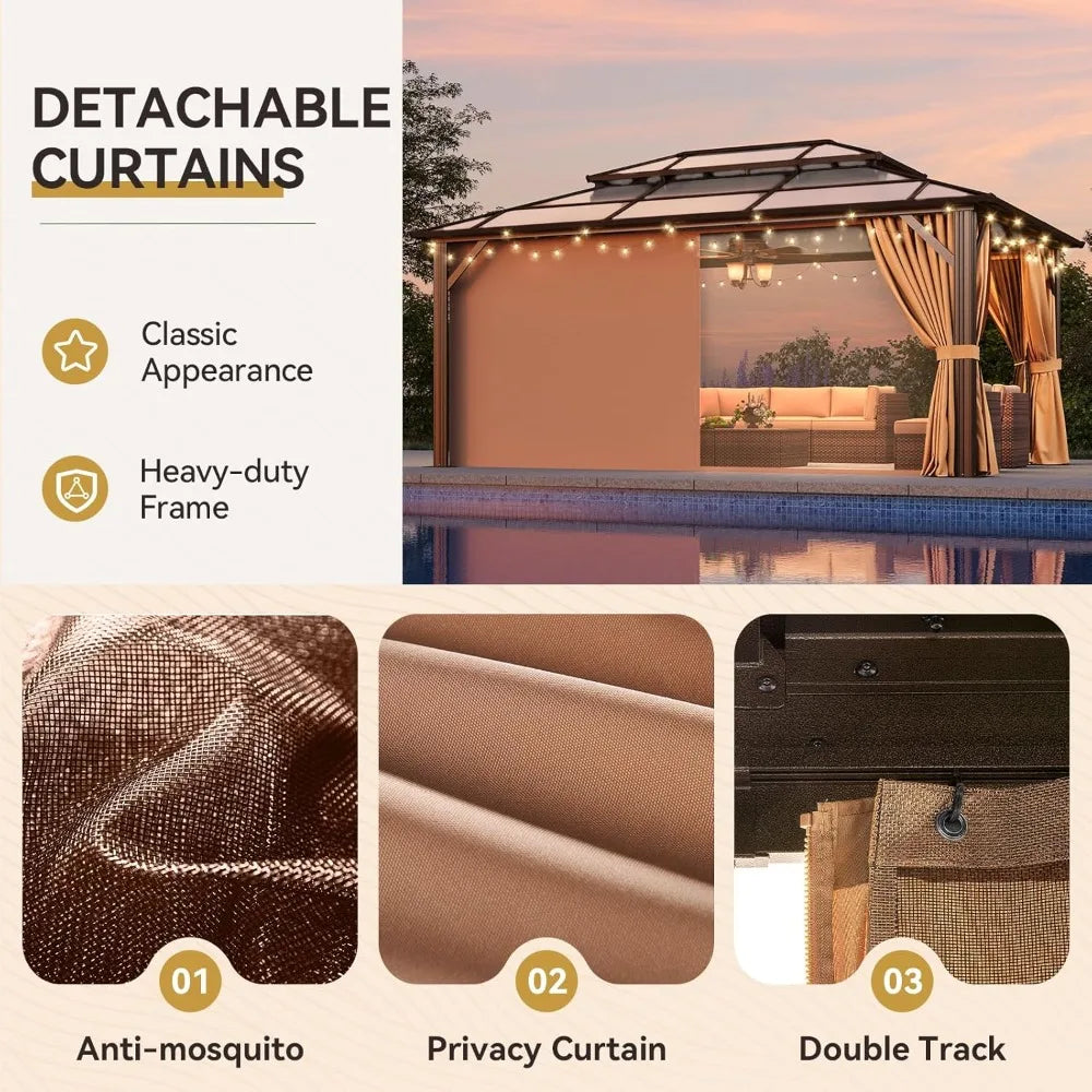 12'x16' Hardtop Gazebo, Outdoor Metal Gazebo with Double Polycarbonate Roof Canopy, Permanent Pavilion with Netting, Customized