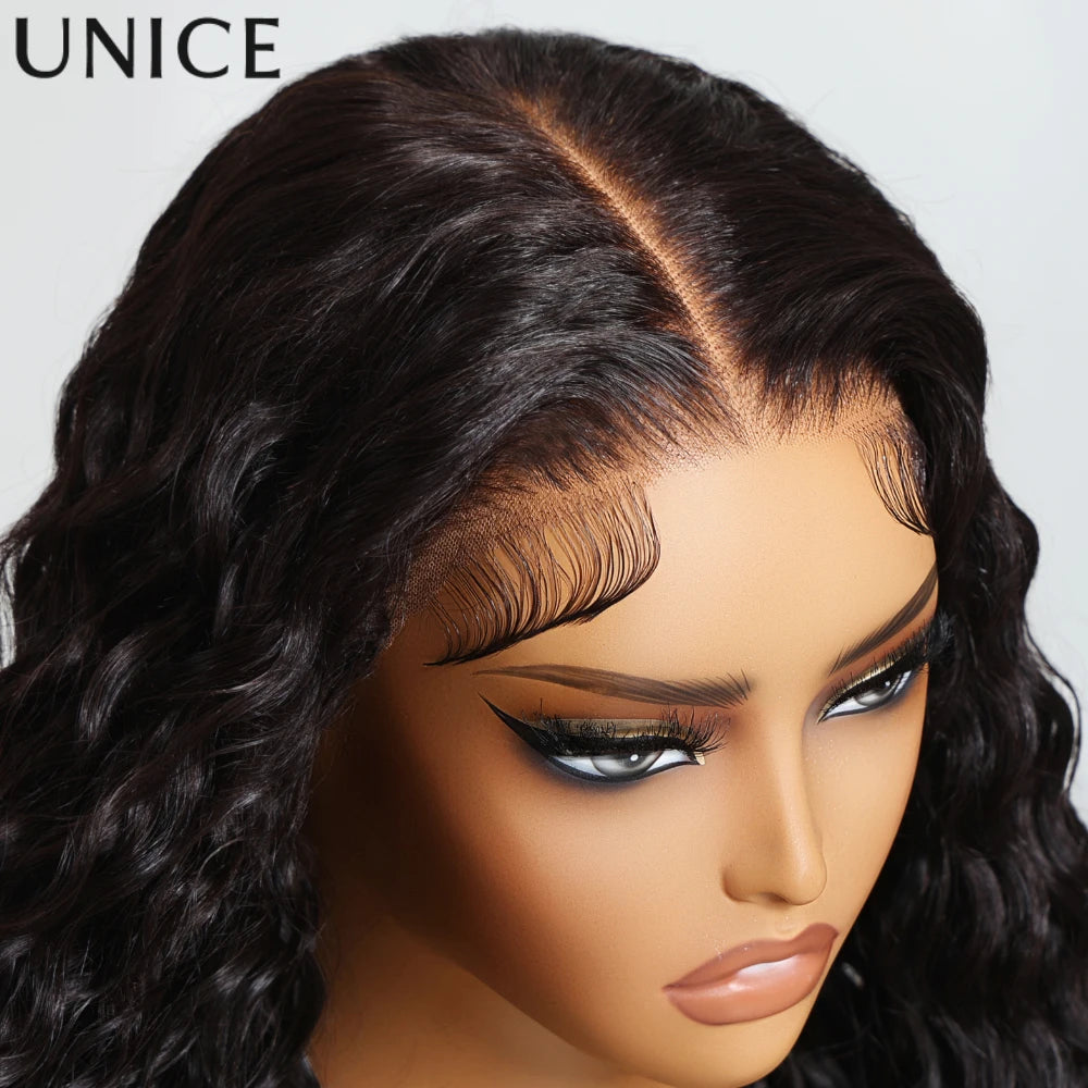 Unice Hair Drawstring Cap 7x5 & 13x4 Water Wave Human Hair Wig With Baby Hair Pre Cut Pre Bleached Pre Plucked Glueless Wigs