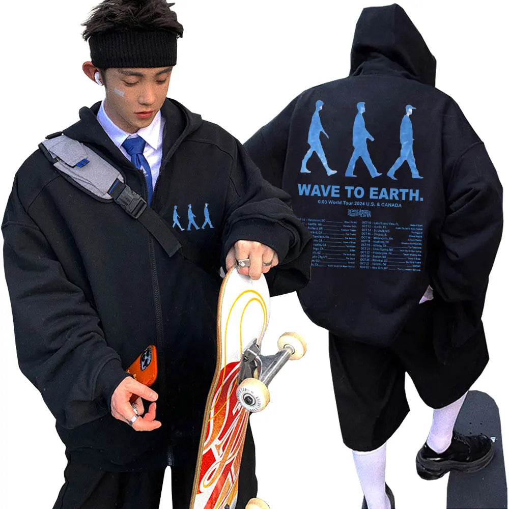 Korean Band Wave To Earth Print Zipper Hoodie Men's Casual Oversized Zip Up Jacket Men Women Hip Hop Fashion Y2k Zip Up Hoodies