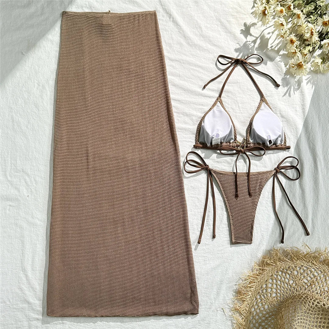 Metal Star Halter With Skirt Bikini Female Swimsuit Women Swimwear Three-pieces Bikini set Padded Bather Bathing Suit Swim V6740