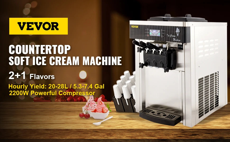 SIHAO Commercial Soft Ice Cream Machine 18-28L/H - Tri-Color Desktop Freezer for Sorbet, Gelato & Fast Food Stores