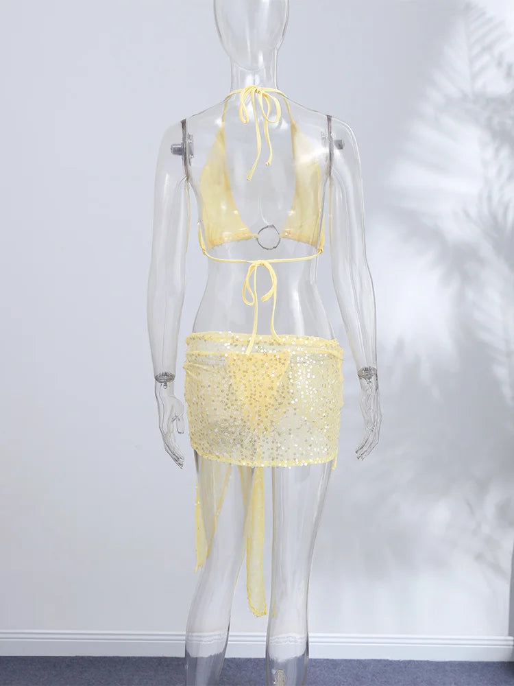 Women's Bikinis And Tankinis Beach Swimsuit Vacation Sparkly Sequin Set Halter 3-Piece Swimwear Summer Woman Clothes Pool Party