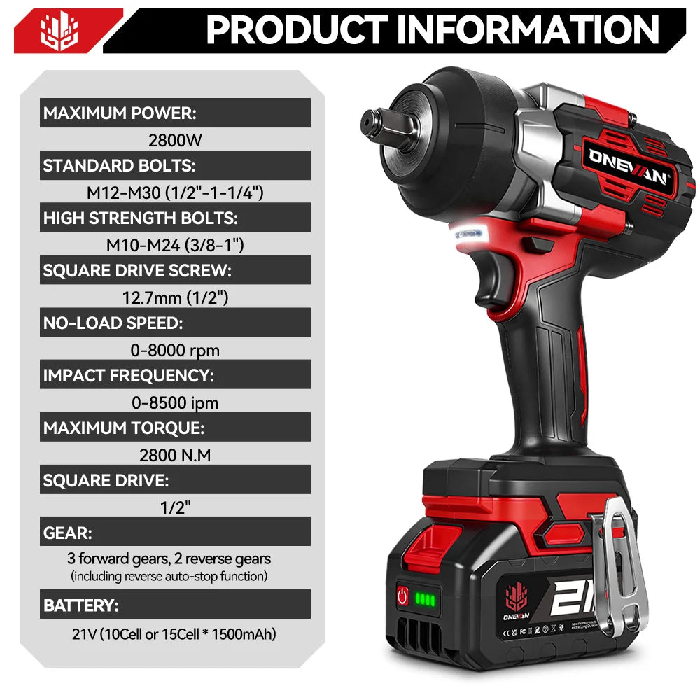 ONEVAN 2800N.M Brushless Electric Impact Wrench High Torque 1/2 Inch Screwdriver Drill Repair Tool For Makita 18V Battery Pin