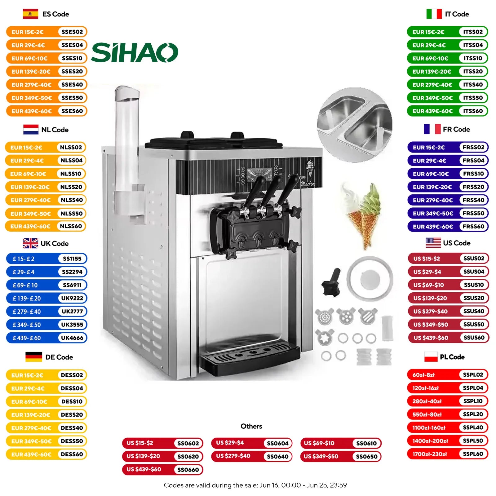 SIHAO Commercial Soft Ice Cream Machine 18-28L/H - Tri-Color Desktop Freezer for Sorbet, Gelato & Fast Food Stores