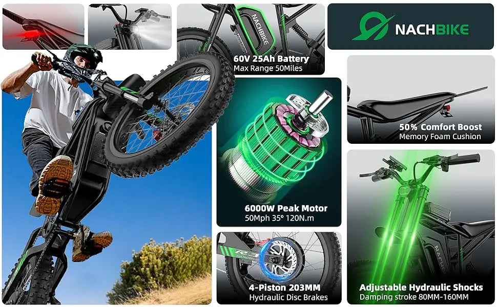2025 50MPH Electric Bike 6000W Electric Dirt Bike with 60V25Ah Battery Max 50Miles Dual Hydraulic Brake Full Suspensions E-Bike