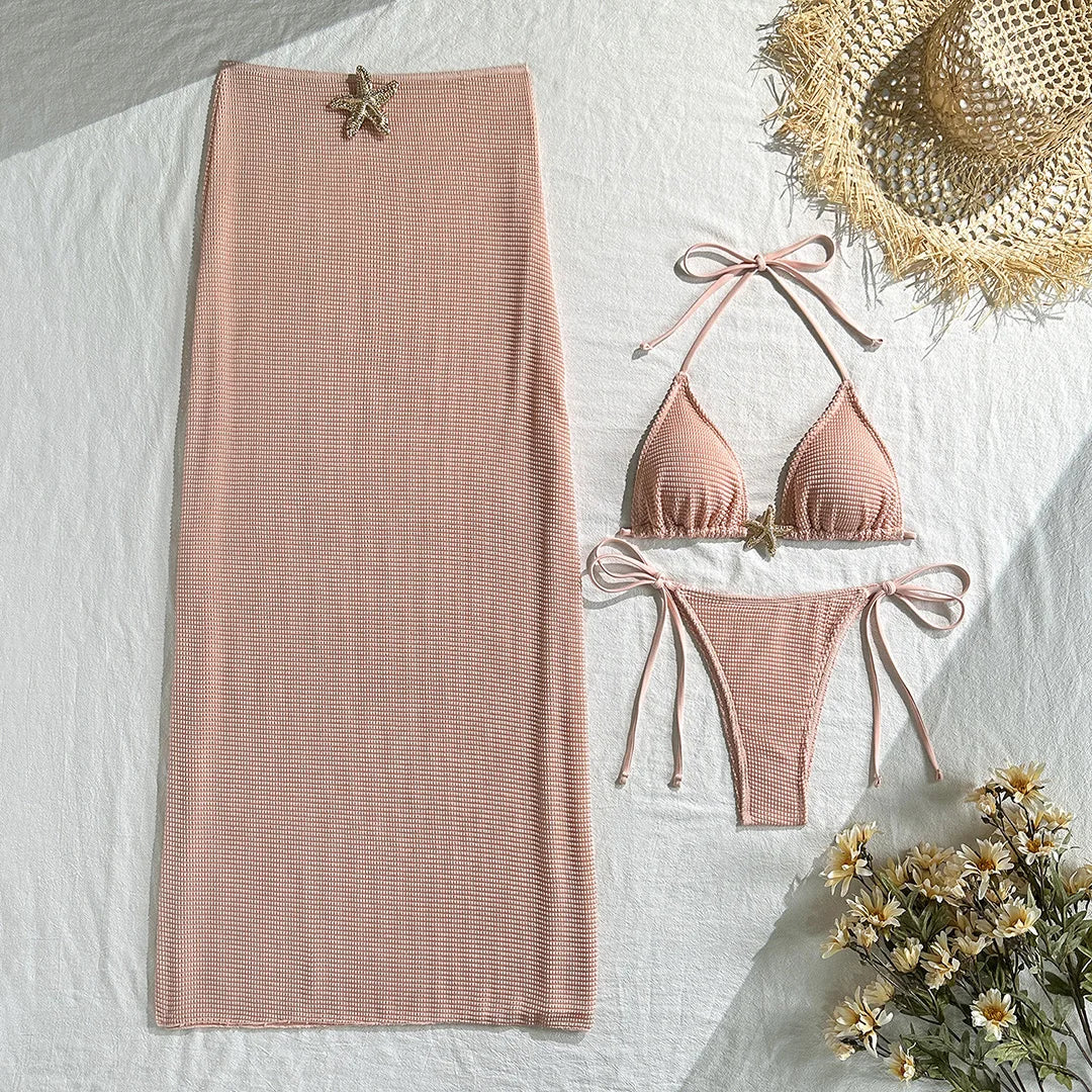 Metal Star Halter With Skirt Bikini Female Swimsuit Women Swimwear Three-pieces Bikini set Padded Bather Bathing Suit Swim V6740