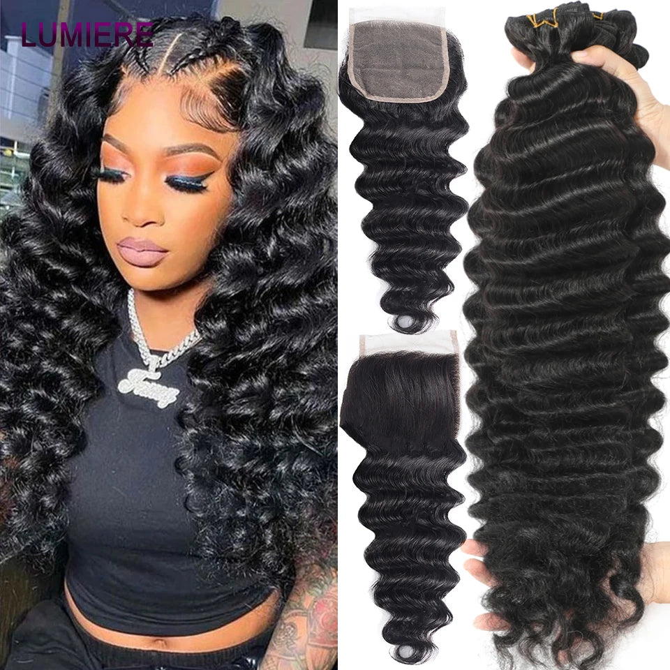 40" Loose Deep Wave Human Hair Bundle With Closure Frontal HD Transparent Lace Closure With Bundle Human Hair Weave Bundles Deal