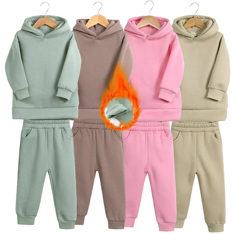 Children Fleece Winter Outfit Toddler Cotton Solid Hoodies Pullover Sweatshirt Pants Tracksuit Set Kids Boy Girl Warm Sweatsuits
