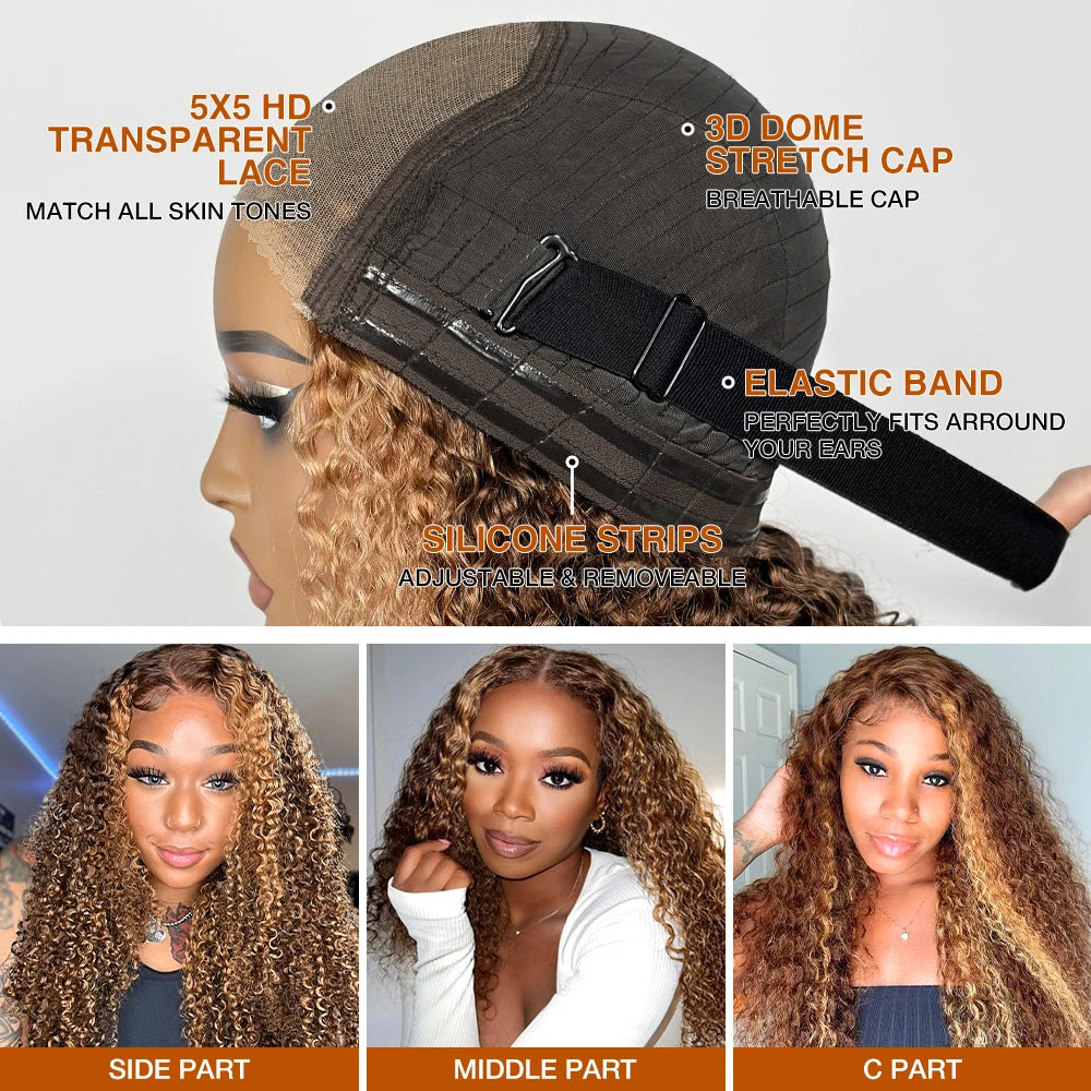 Deep Wave Honey Blonde Glueless Wigs Human Hair Pre Cut Highlight Wear and Go Curly Wigs for Women Ombre HD Lace Front Wig