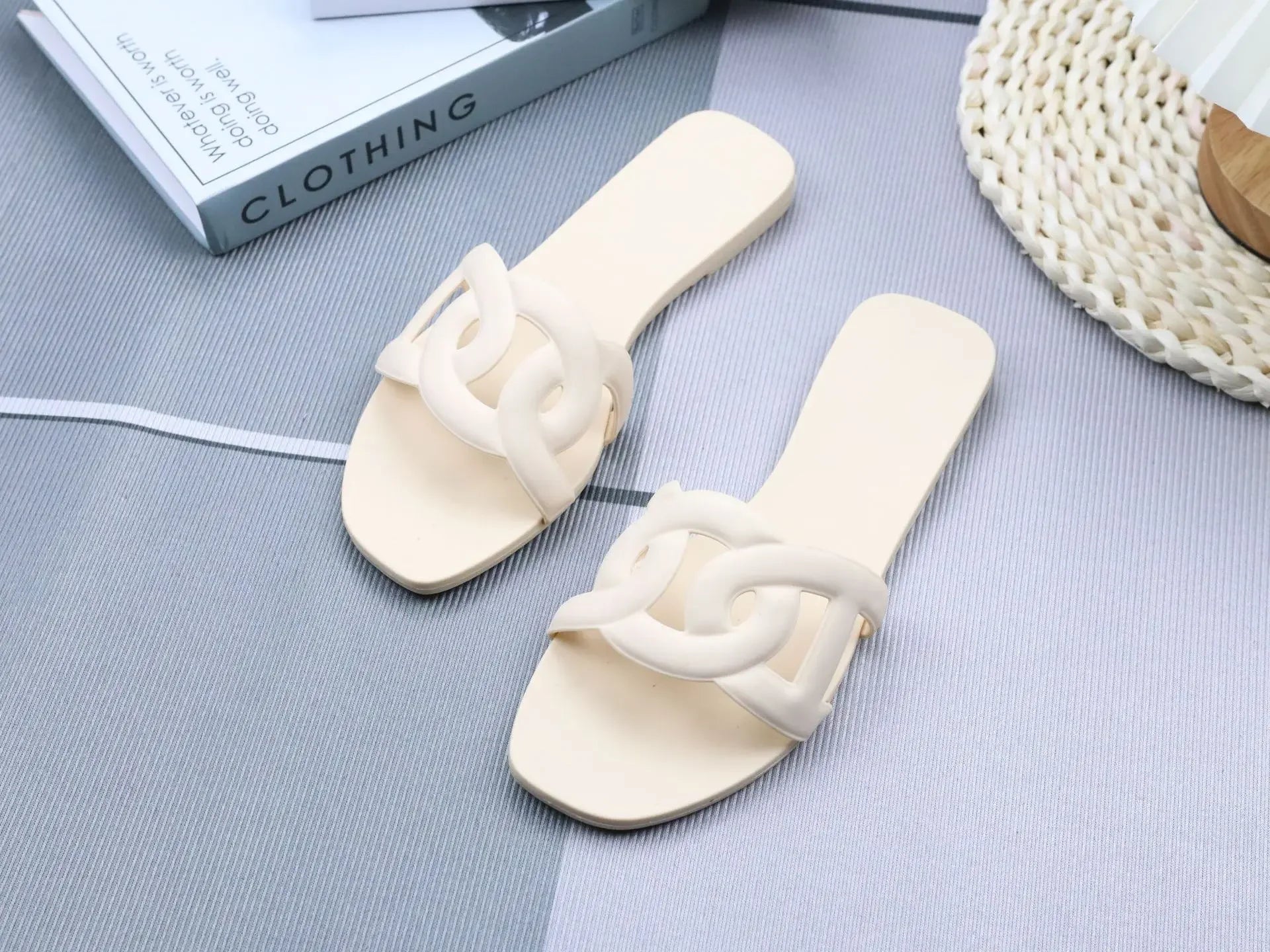 Summer women's one-word sandals daily leisure shopping beach wear flat shoes versatile solid color hollow