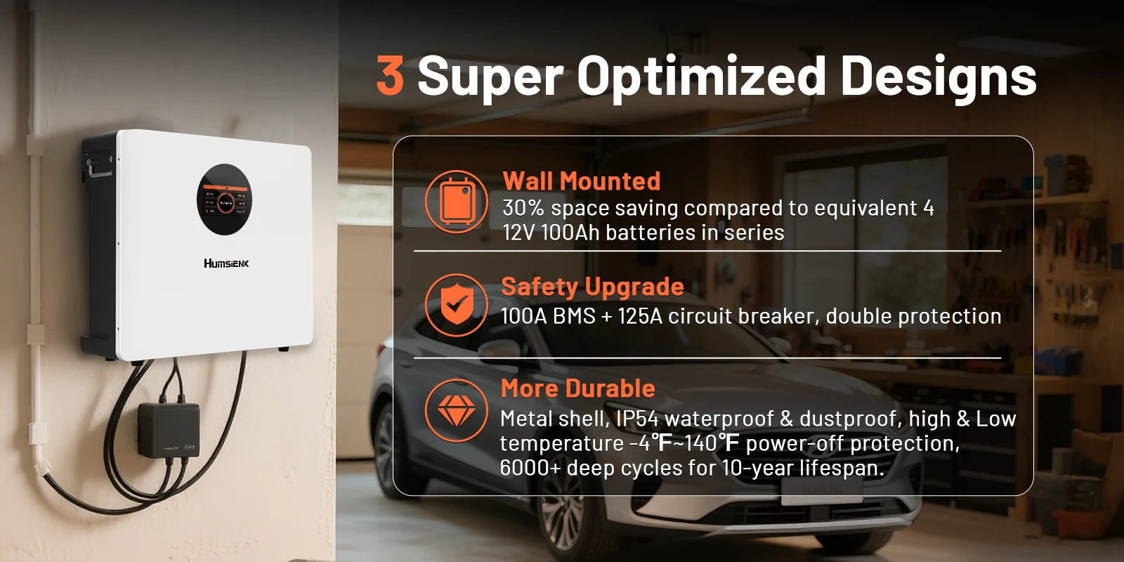 Humsienk 48V 100Ah LiFePO4 Battery WALL-Mounted Bluetooth &Real-time Monitoring Display 100A BMS For Inverter, RV, Solar Energy
