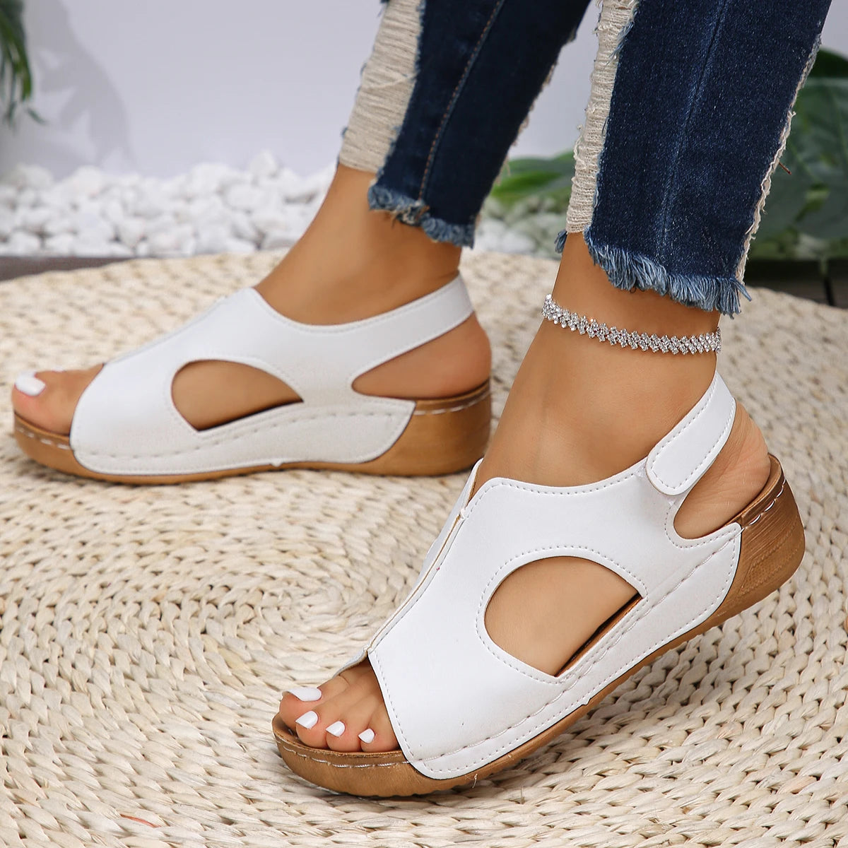 Summer Sandals for Women Wedge Heel Platform Shoes Synthetic Leather Peep Toe Hook Loop Casual Beach Walking Ladies Footwear