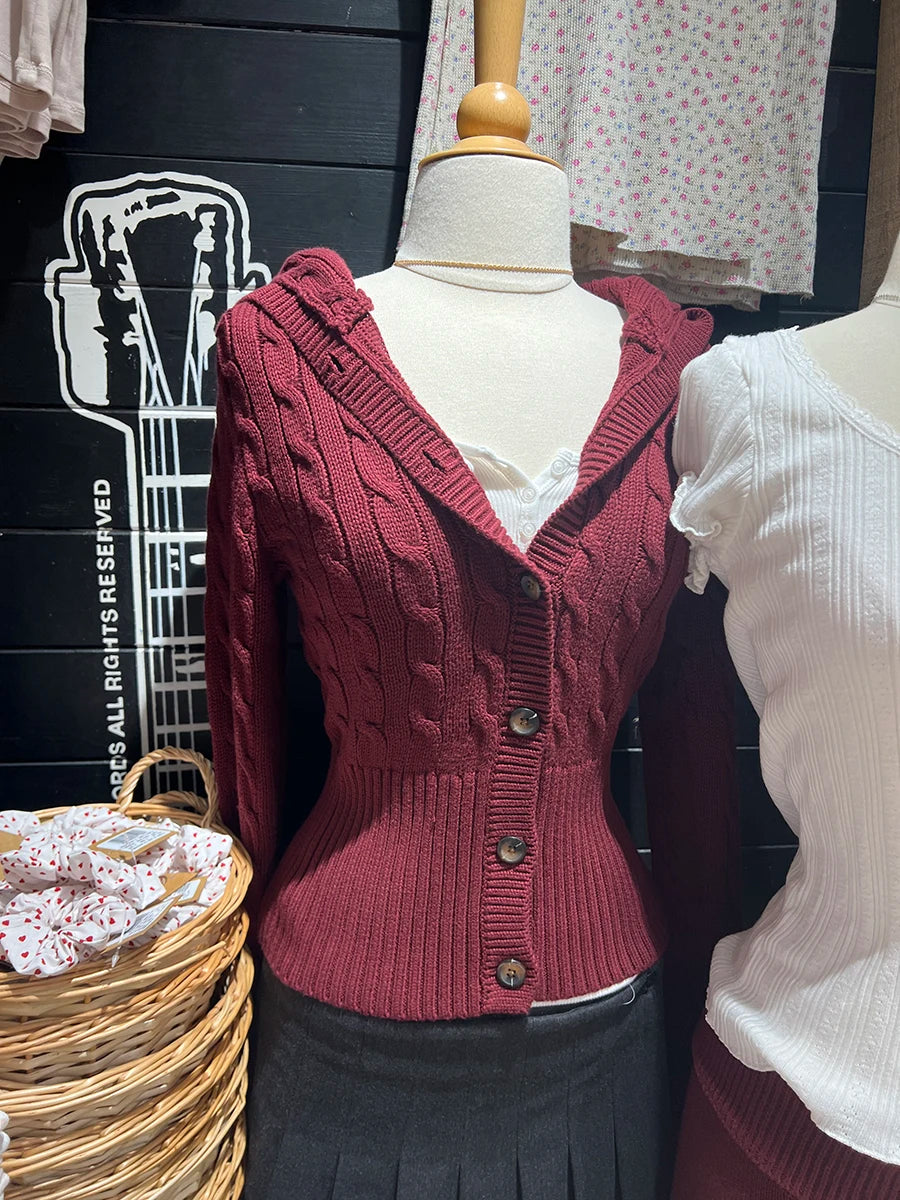 Navy Twist Flower Sweater Cardigan Women Single Breasted Long Sleeve Slim Short Sweaters Autumn Vintage Sweet Knitted Hoodies