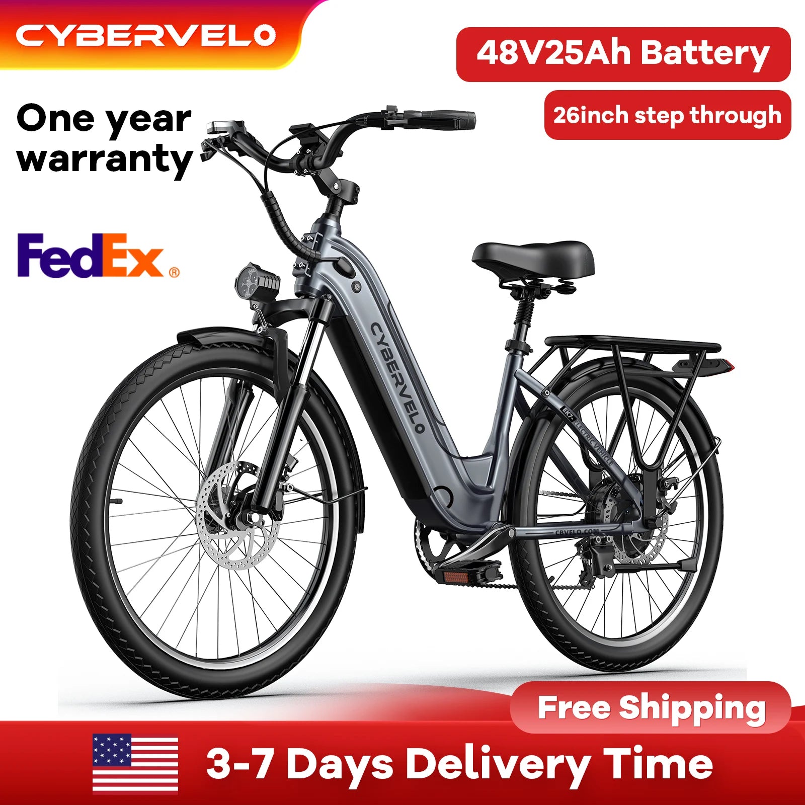 1000W Electric Bike for Adults Cybervelo EK7 26inch Shimano 7 Speed 80+Miles Removable Battery All Terrain E-bike