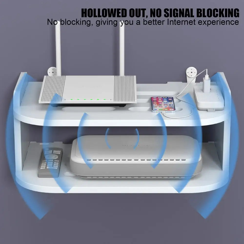 2 Tier Floating Shelves Wifi Router Hanging Layer Multi Tap Outlet Set Top Box Holder Cable Bracket Wall Mount Storage Organizer