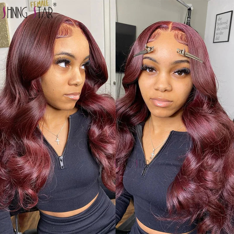 Burgundy Red Bone Straight Lace Front Human Hair Wigs Pre Plucked Colored 99J Red 13x6 Transparent Lace Frontal Wig Human Hair