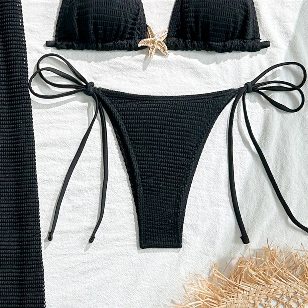 Metal Star Halter With Skirt Bikini Female Swimsuit Women Swimwear Three-pieces Bikini set Padded Bather Bathing Suit Swim V6740