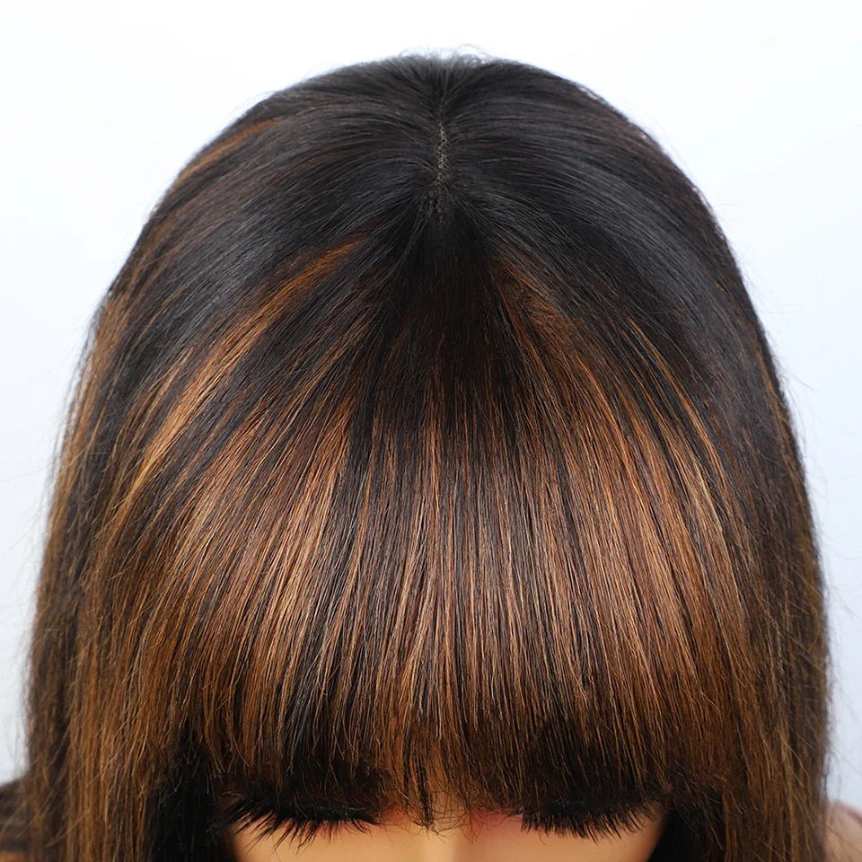 Straight Hair Short Bob Lace Wigs 100% Human Hair Wigs With Bangs #4/27 Natural Brown Middle Part Bob Lace Wigs Realistic Scalp