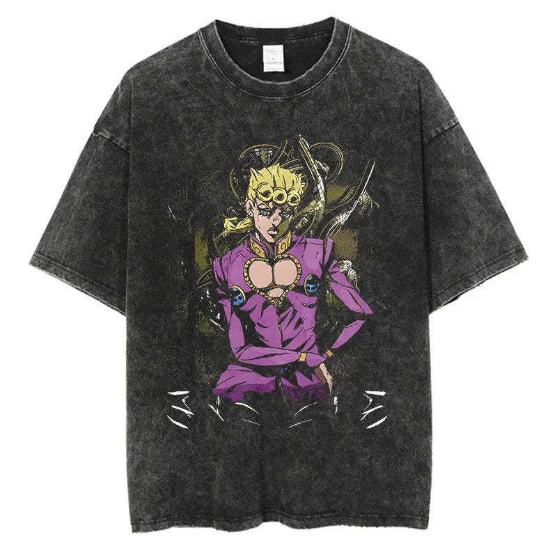 Vintage Washed TShirt Men Summer Hip Hop Streetwear T-shirt JoJo Bizarre Adventure Anime Print Cotton Casual Short Sleeve Tshirt