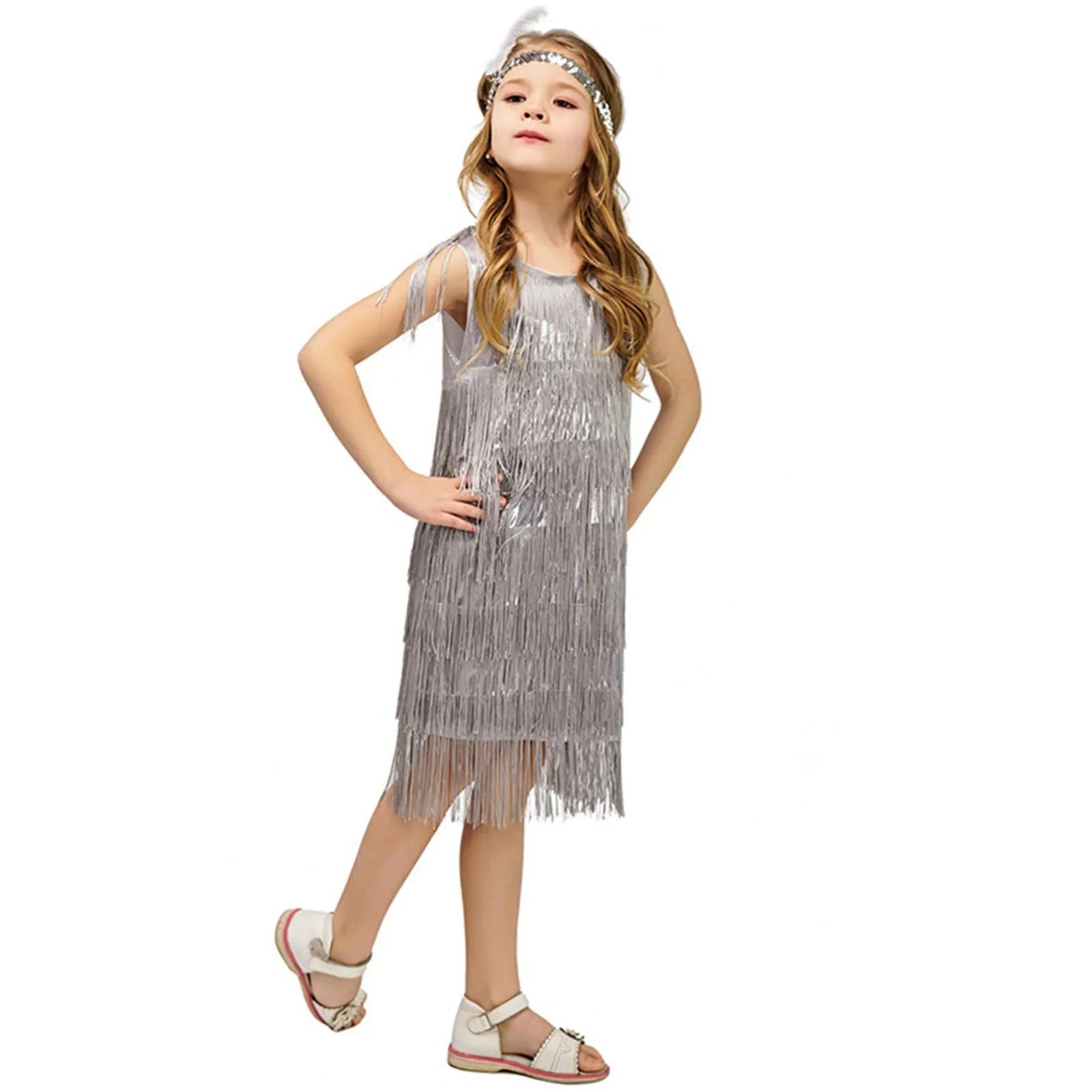 Summer Clothes Fashion Girls Flapper Dress Sequins Fringe Latin Dance Dress Tassel Tango Dress Ballroom Children's Fashion Dress