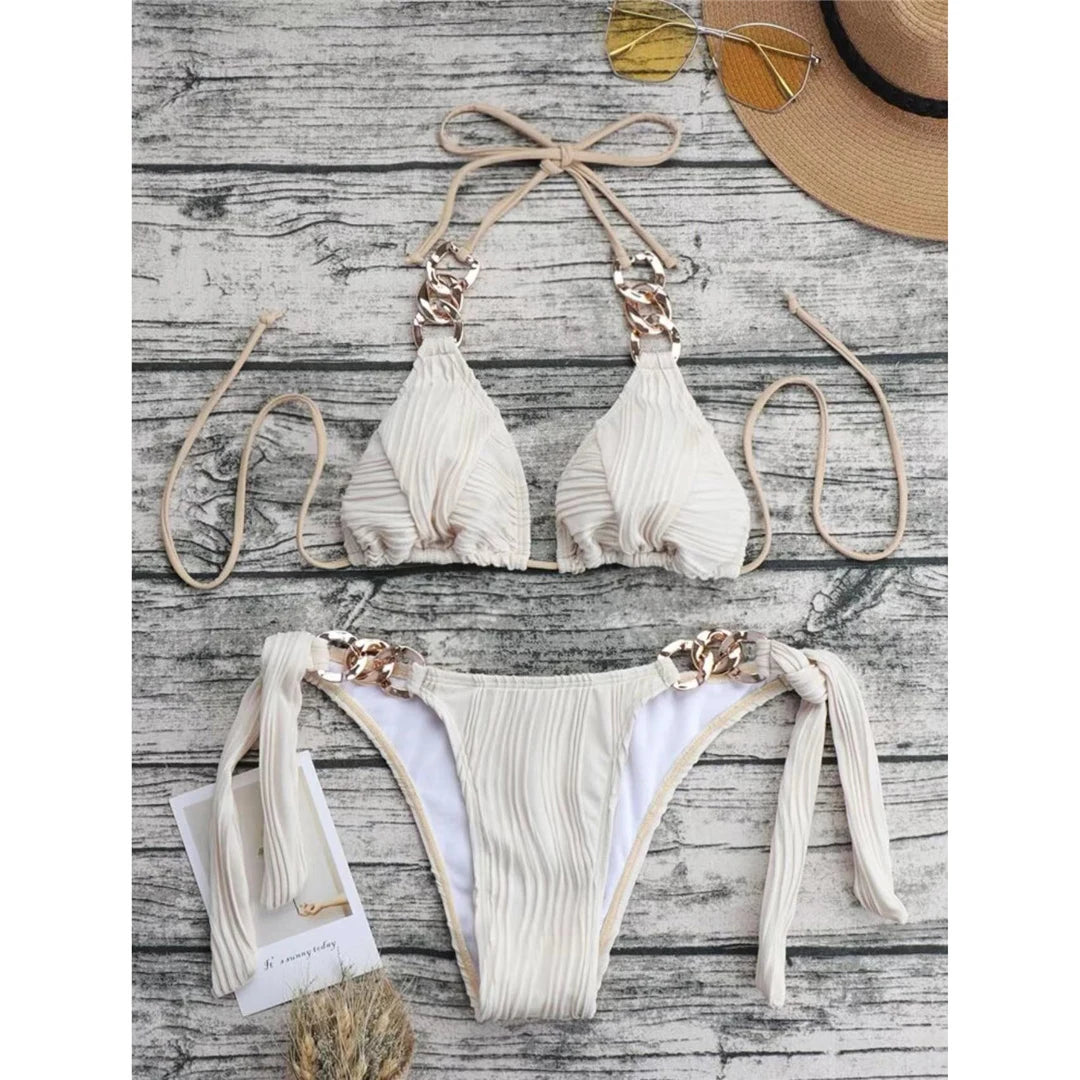 Sexy Metal Rings Halter Wrinkled Bikini Female Swimsuit Women Swimwear Two-pieces Bikini set Bather Bathing Suit Swim Lady K4149