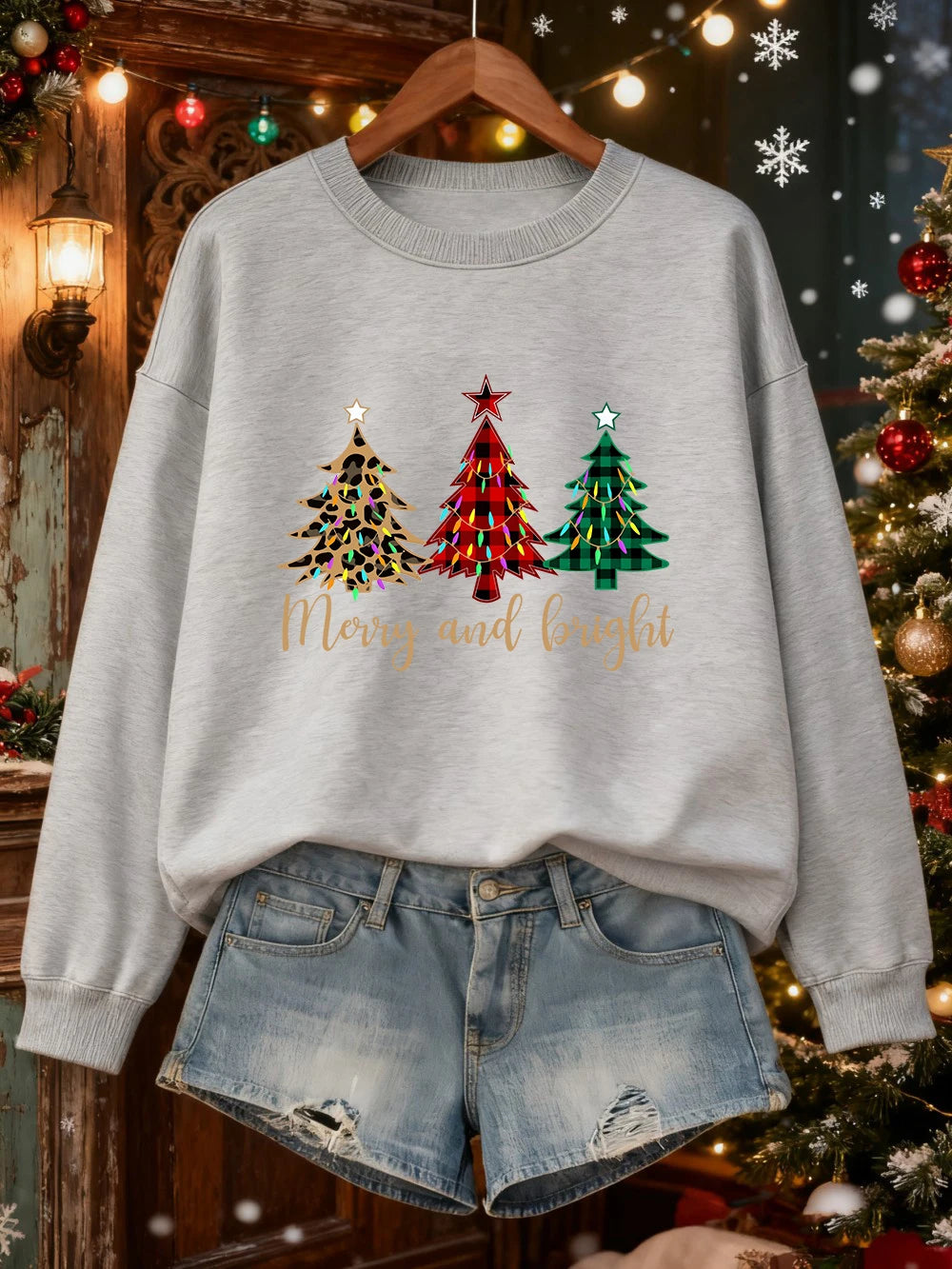 Merry Christma Funny Trees Printing Sweatshirt Women Loose Basics Hoodies Fleece Crewneck Clothes Winter Warm Woman Pullover