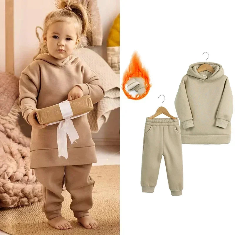 Children Fleece Winter Outfit Toddler Cotton Solid Hoodies Pullover Sweatshirt Pants Tracksuit Set Kids Boy Girl Warm Sweatsuits