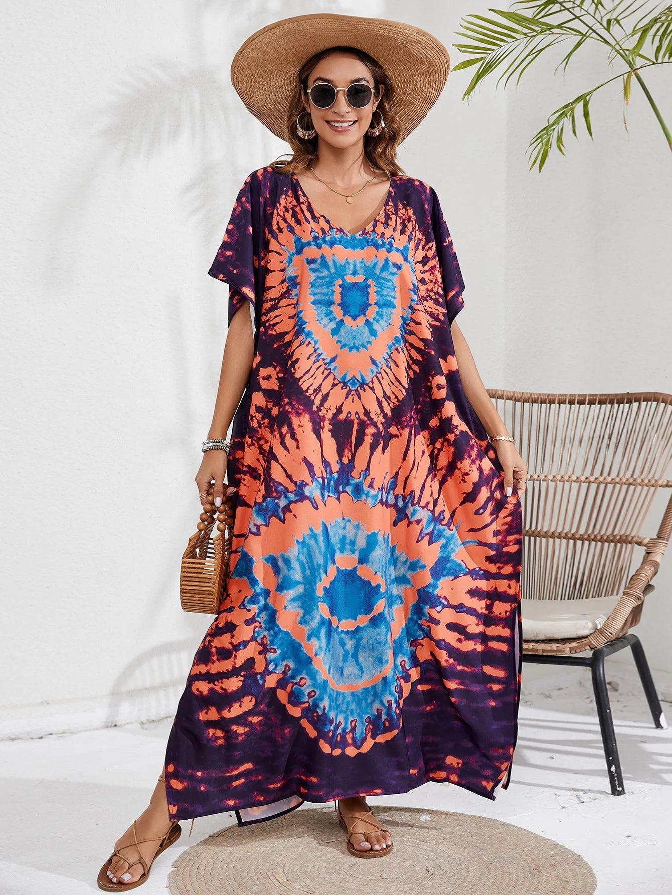 Kaftan Dresses for Women Plus Size Tie Dye Batwing Sleeve Caftans Swimsuit Coverup Maxi Dress Loungewear