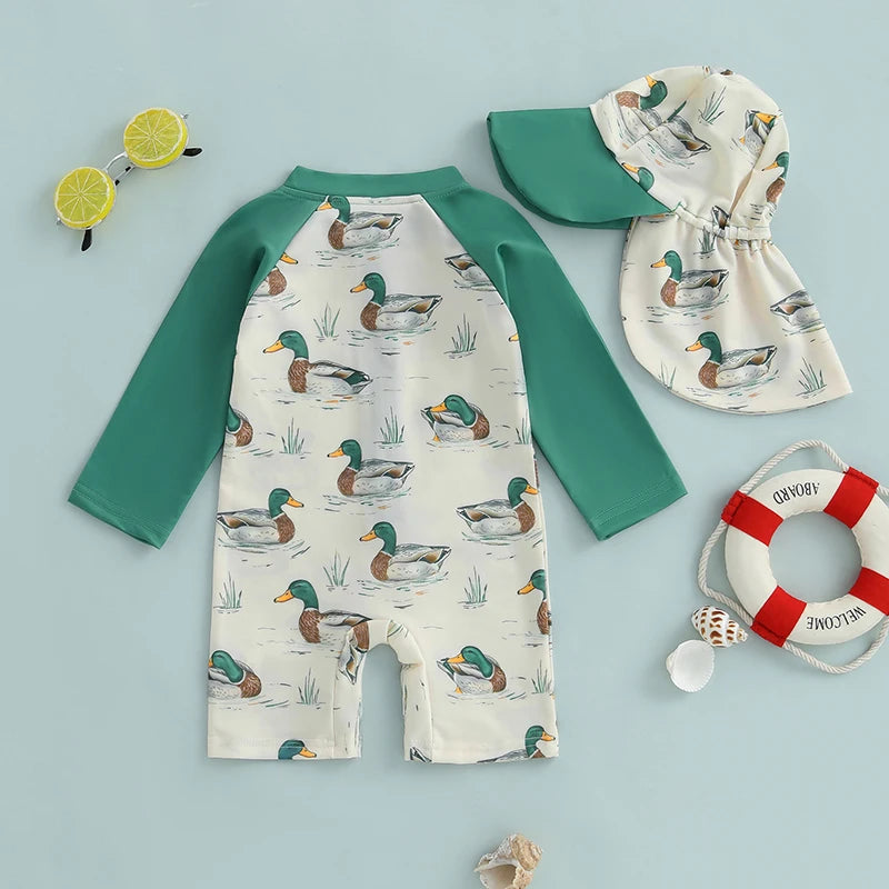 Toddler Kids Boy Rash Guard Swimsuit with Hat 2 Pcs Set Duck Printed Zip Up Long Sleeve Crew Neck Baby Boy Swimwears