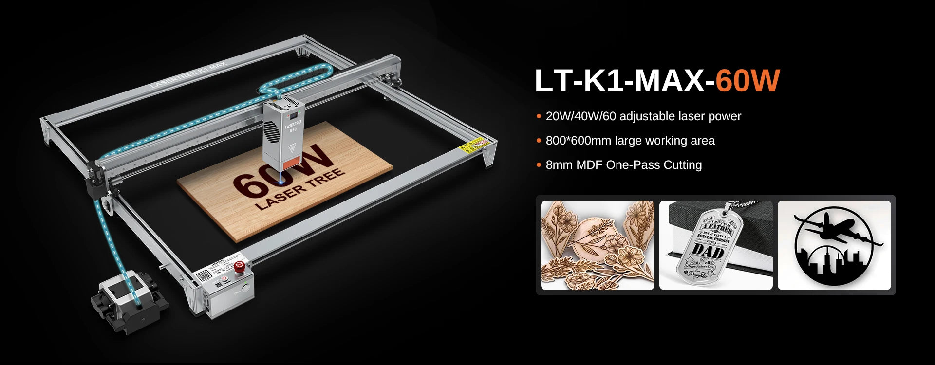 LASER TREE K1 MAX 60W Laser Engraver with Air Pump Honeycomb Panel Engraving Cutting Blue Light Machine Working Area 800×600mm
