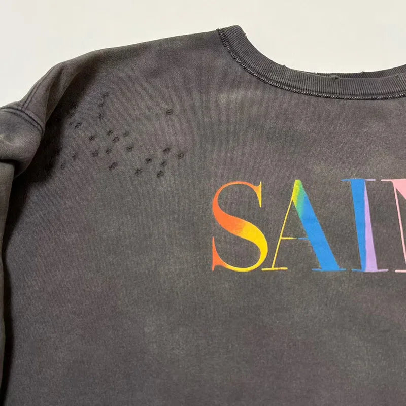 New Letter Print SAINT Hoodies Men Woman Retro Washed Damaged High Street Pullover Sweatshirts Loose Casual Good Quality