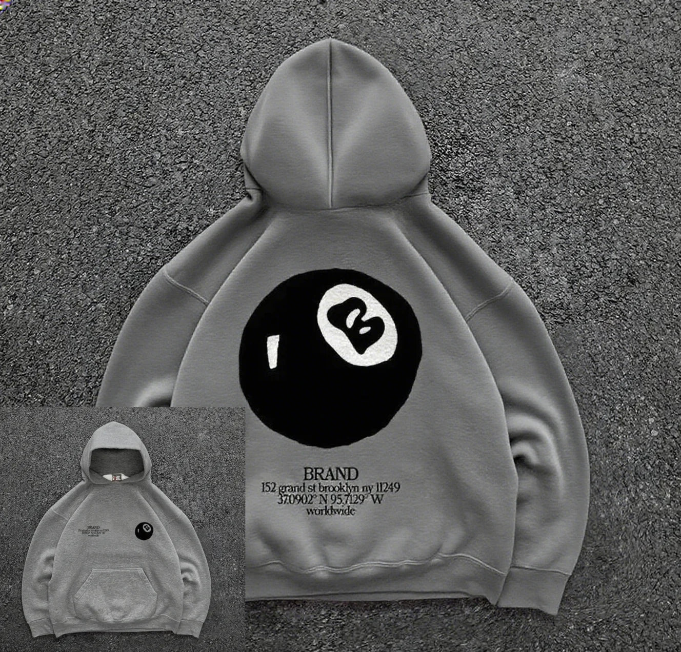 Retro 8-ball pattern hooded men's streetwear,oversized pullover, casual and fashionable sportswear, daily wear and hip-hop style