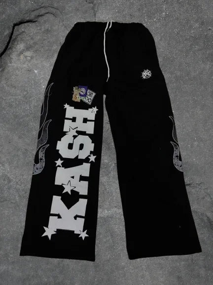 American Sweatpants Y2K Pants Men Gothic Hip Hop Letter Patch Retro Double Layer Design Baggy Elastic Waist Jogging Casual Pants