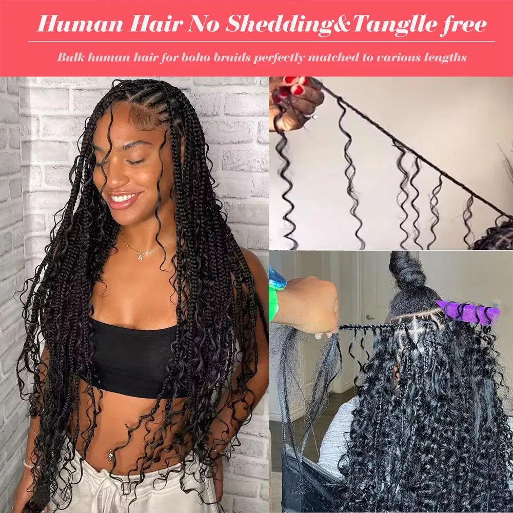 16-28nch Deep Wave Human Hair Bulks For BraidingBoho Braids Cury Human HairExtensions Natural Color No Weft2Bundles/Pack 110g
