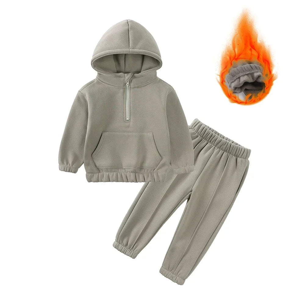 Children Fleece Winter Outfit Toddler Cotton Solid Hoodies Pullover Sweatshirt Pants Tracksuit Set Kids Boy Girl Warm Sweatsuits