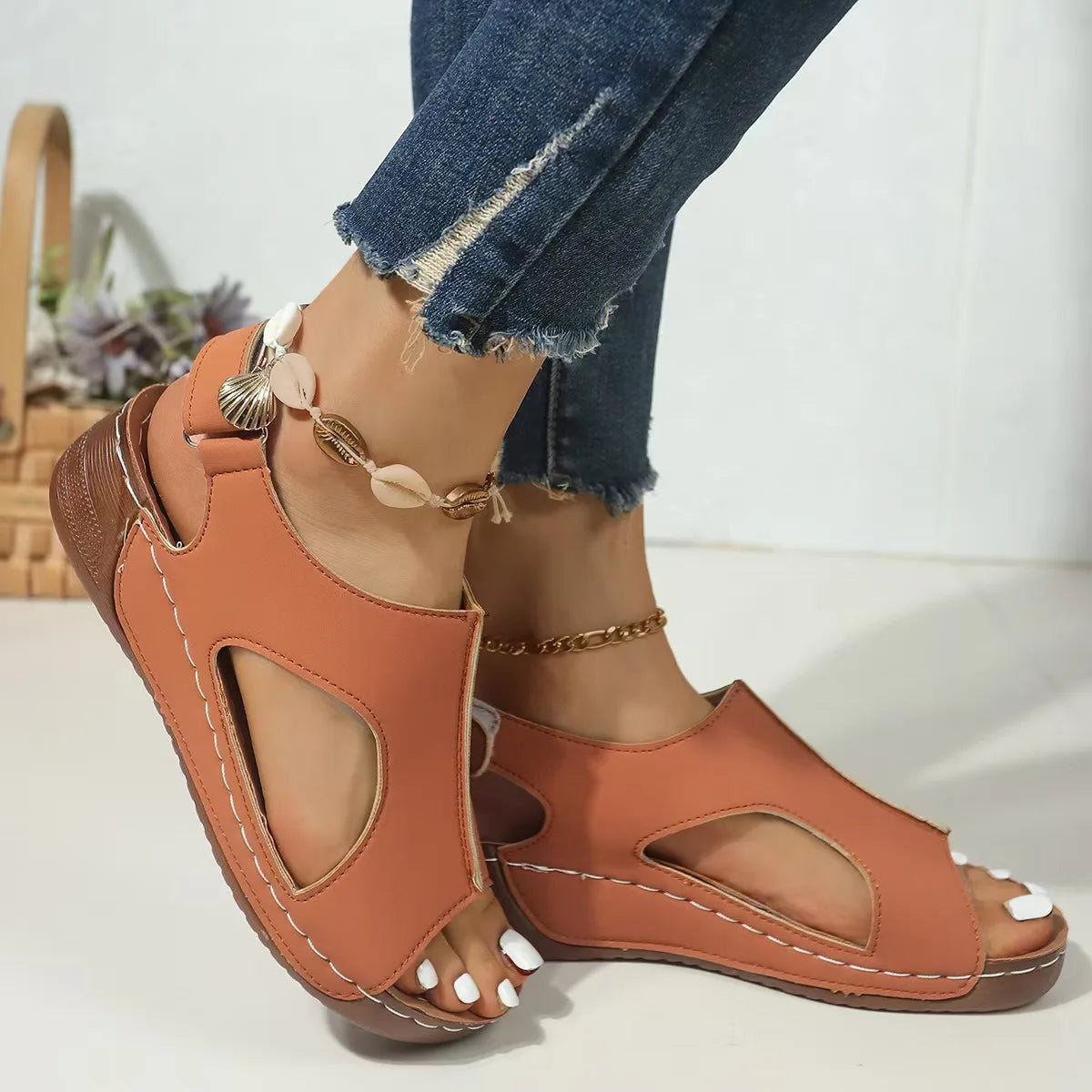 Summer Sandals for Women Wedge Heel Platform Shoes Synthetic Leather Peep Toe Hook Loop Casual Beach Walking Ladies Footwear