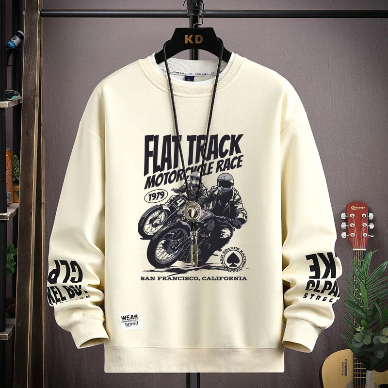 Autumn Men's Motorcycle Graphics Sweatshirt Hoodies Retro Printed Long Sleeve T-shirt Men's Clothing Black O Neck Harajuku Top