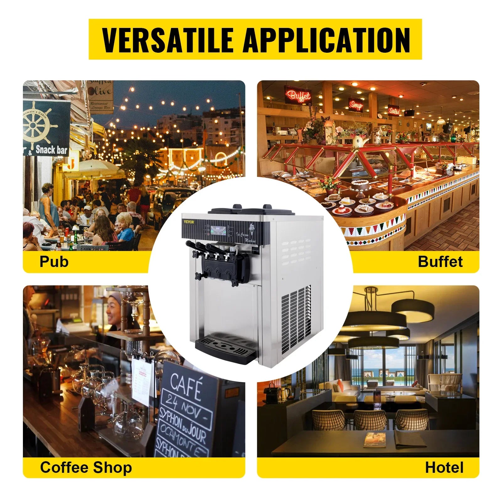 VEVOR Commercial Ice Cream Machine 5.3 to 7.4Gal per Hour Soft Serve with LED Display Auto Clean 3 Flavors for Restaurant