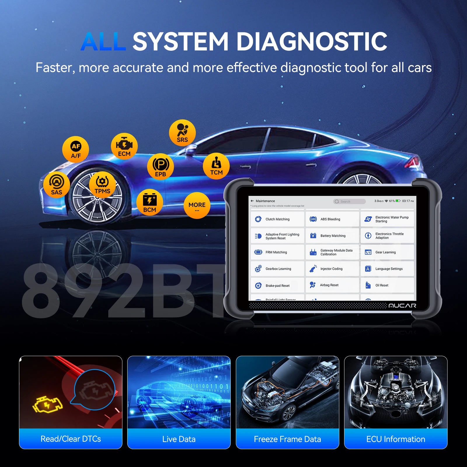 MUCAR 892BT AI Automotive Diagnostic Tool Key Programmer Bidirectional Obd2 Scanner ECU Coding CANFD DOIP 35 Resets Life Free