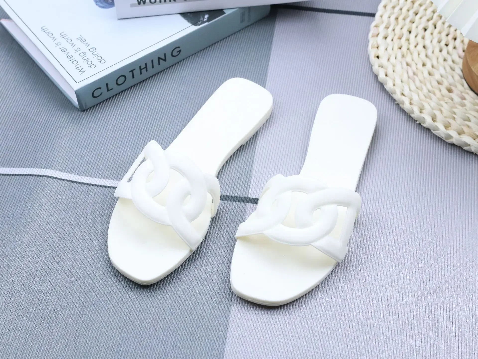 Summer women's one-word sandals daily leisure shopping beach wear flat shoes versatile solid color hollow