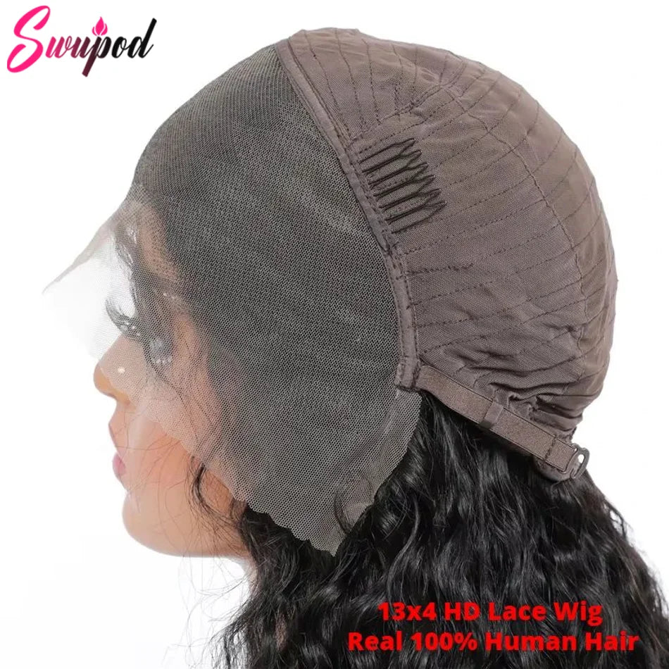 Swupod 200 Density 13x4 13x6 HD Transparent Swiss Deep Wave Lace Frontal Front Wig for Women Remy Human Hair Natural Black
