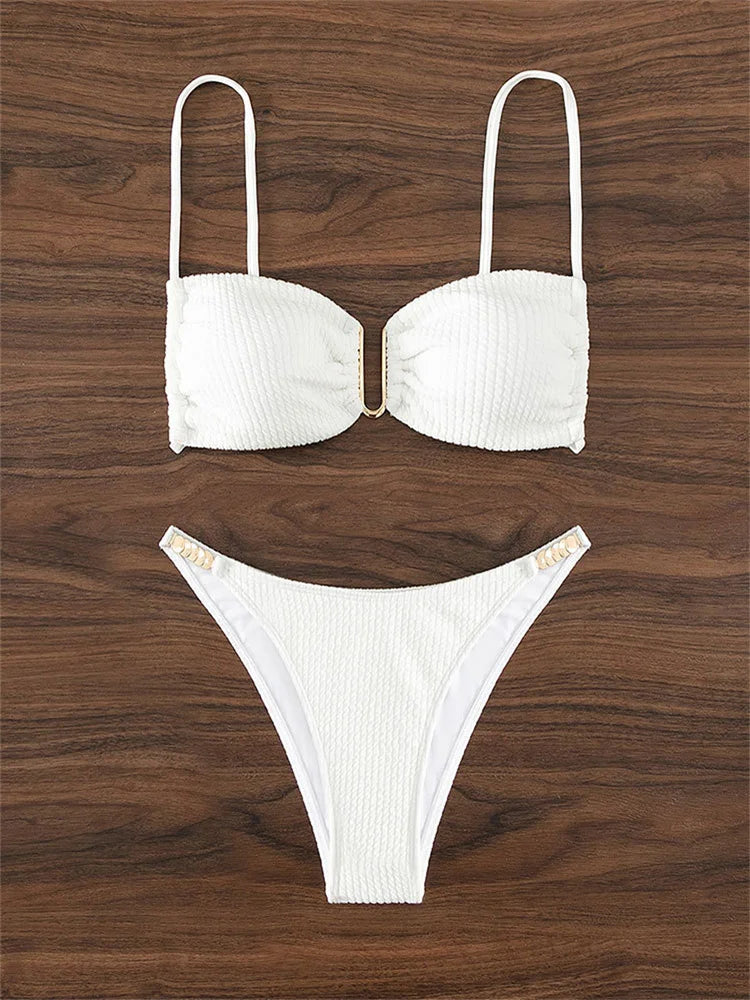 Sexy U Neck Bikini Set Women Solid White Black Push Up Pleate Micro Swimsuit 2024 Brazilian Cut Out Bathing Suit Thong Swimwear