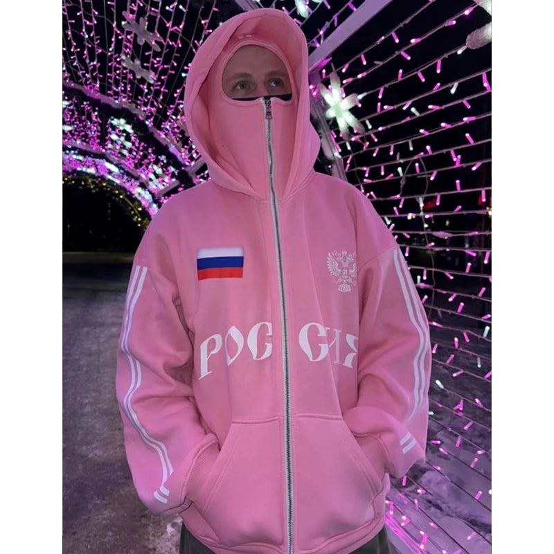 Y2K Clothes Men's Hip Hop Autumn Russia Hot Sale Vintage Double Zip Hoodies Lettering Graphic Hoodies Sweatshirts Casual Jacket