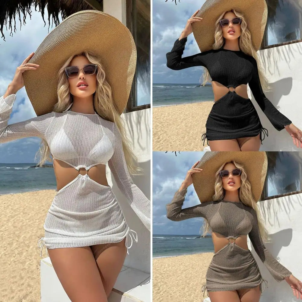 3Pcs/Set Women Bikini Set Halter Bra Lace-up Swimsuit Set With Mesh Yarn Cover Up Dress Solid Color Knitted Swimwear For Women