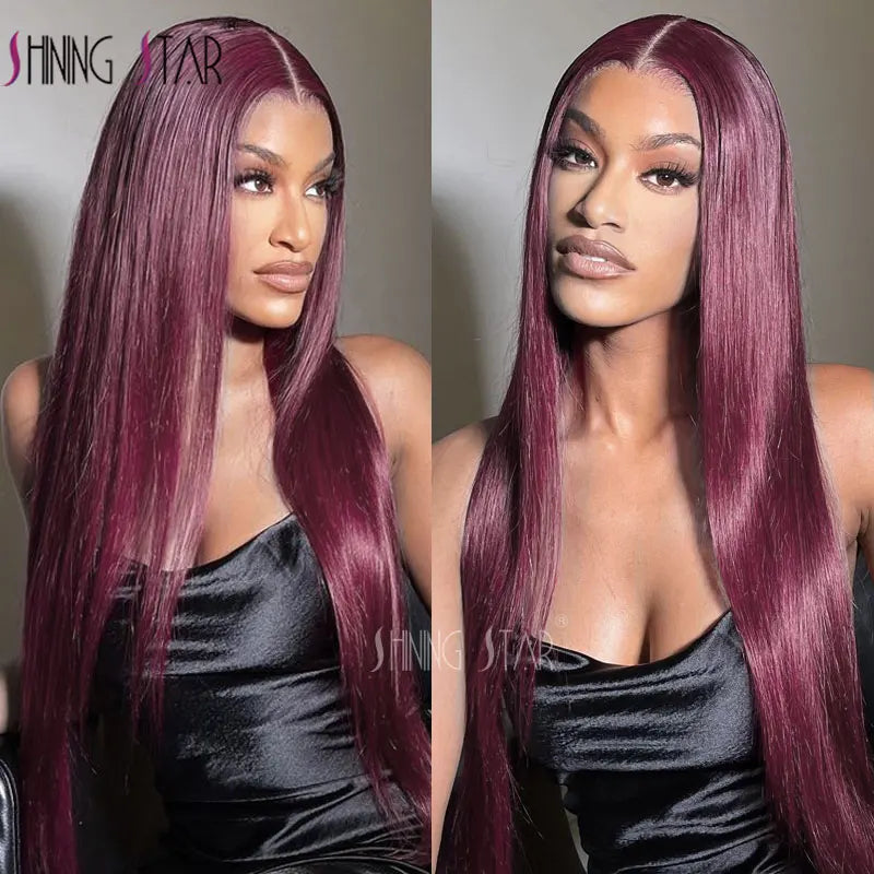Burgundy Red Bone Straight Lace Front Human Hair Wigs Pre Plucked Colored 99J Red 13x6 Transparent Lace Frontal Wig Human Hair