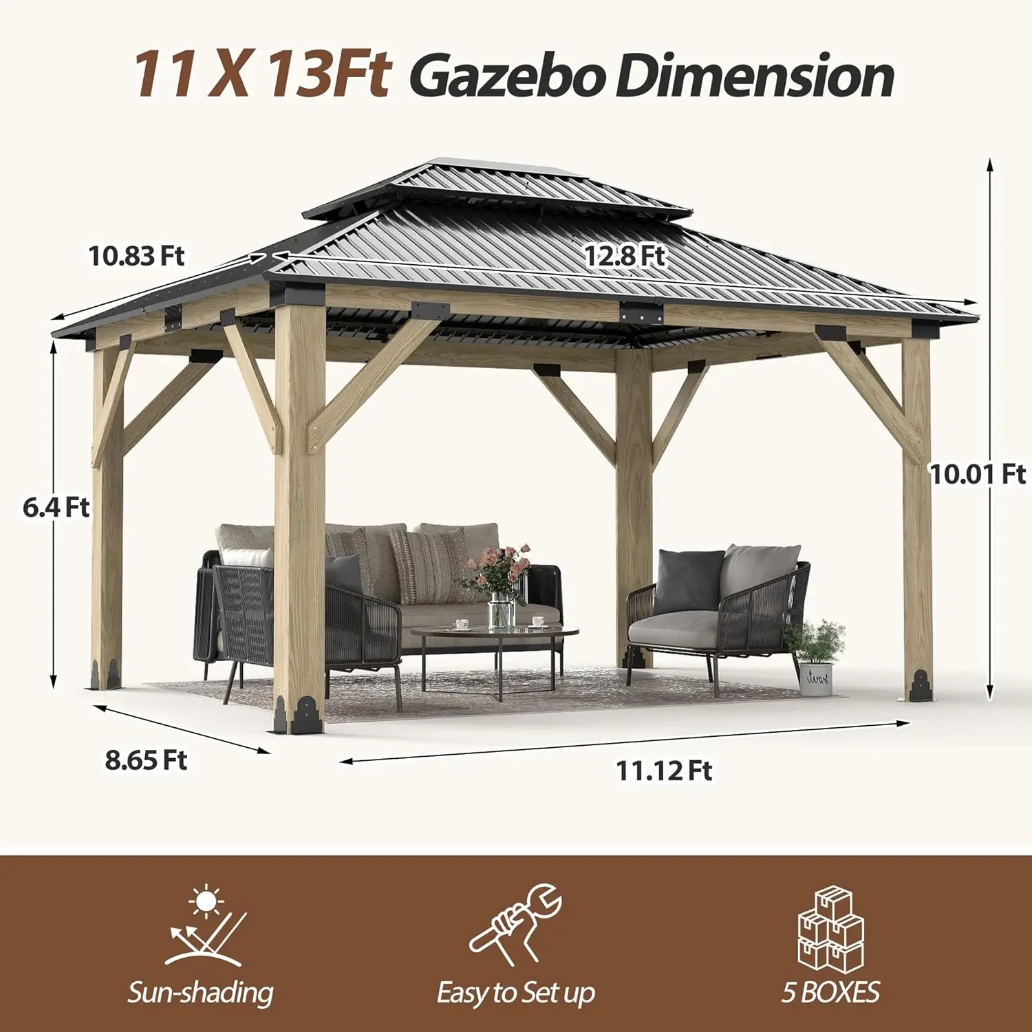 11'x13' Wood Gazebo,Outdoor Hardtop Gazebo with Galvanized Steel Doule Roof, Wooden Frame Gazebos for Patio Backyard Deck